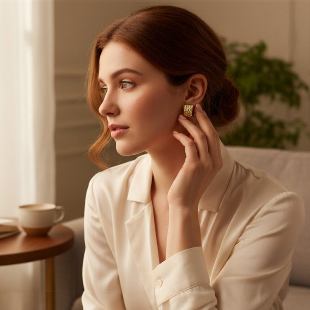Christian Dior Vintage Gold Woven Clip-On Earrings | Modernist Statement Earring - Picture 3 of 8